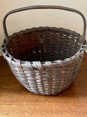 Share Antique 1800's Medium Oak Splint Split Market Gathering Basket 19th C